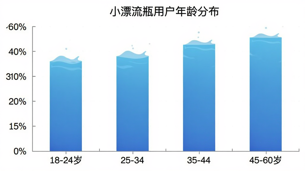 小漂流瓶用户年龄分布柱状图,横轴为年龄段18-24岁、25-34岁、35-44岁、45-60岁,纵轴为用户占比百分比,柱状图颜色为蓝色渐变,图表标题为“小漂流瓶用户年龄分布”,风格简洁数据可视化,画质清晰无多余元素