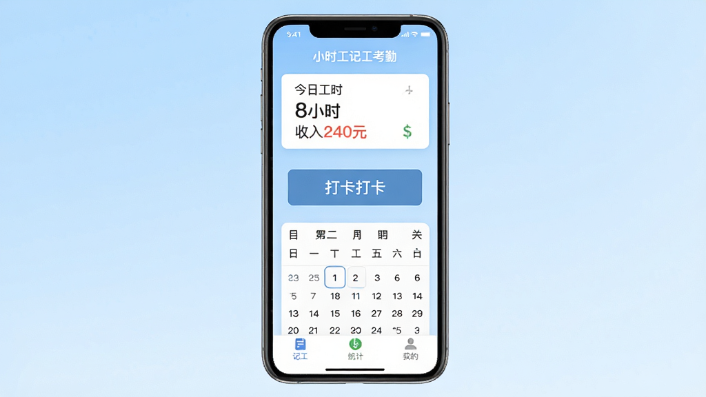 手机屏幕居中显示“小时工记工考勤”APP主界面,背景为浅蓝渐变,顶部显示“今日工时 8小时 收入240元”卡片,中间是醒目的打卡按钮和日历视图,底部有记工、统计、我的三个标签,画面风格简洁扁平,文字清晰,画质干净无多余元素