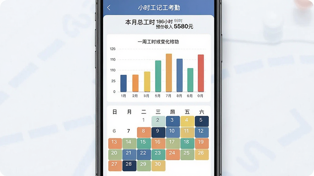 手机界面展示“小时工记工考勤”的统计页面,屏幕中央是彩色柱状图显示一周工时变化,下方是日历热力图,日期格子颜色深浅代表工时长短,顶部有“本月总工时 186小时 预估收入 5580元”文字,风格现代扁平,画质干净