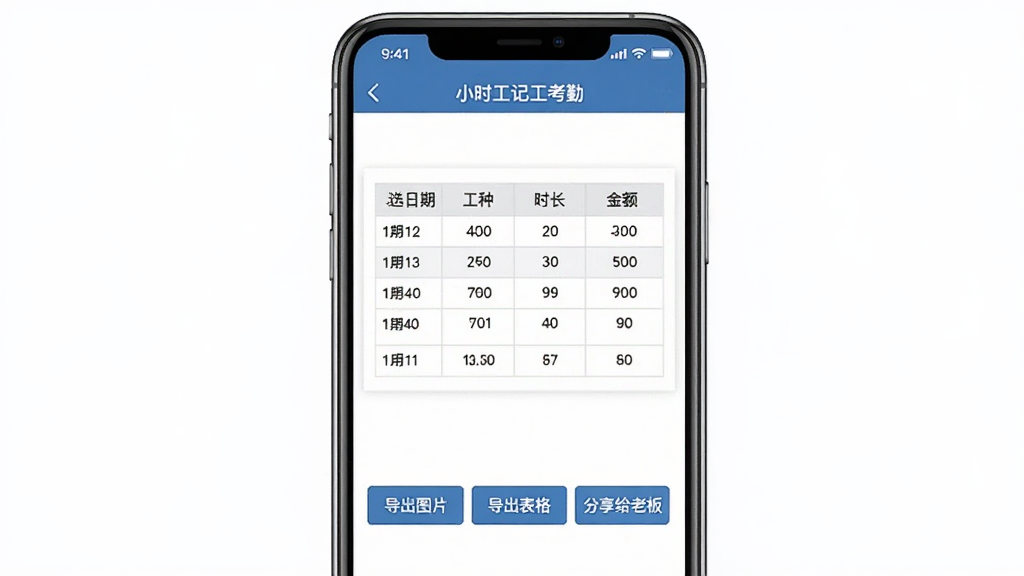 手机界面展示“小时工记工考勤”的数据导出页面,屏幕中央是表格预览图,表头有日期、工种、时长、金额等列,下方有“导出图片”“导出表格”“分享给老板”三个按钮,风格简洁商务,文字清晰,画质干净