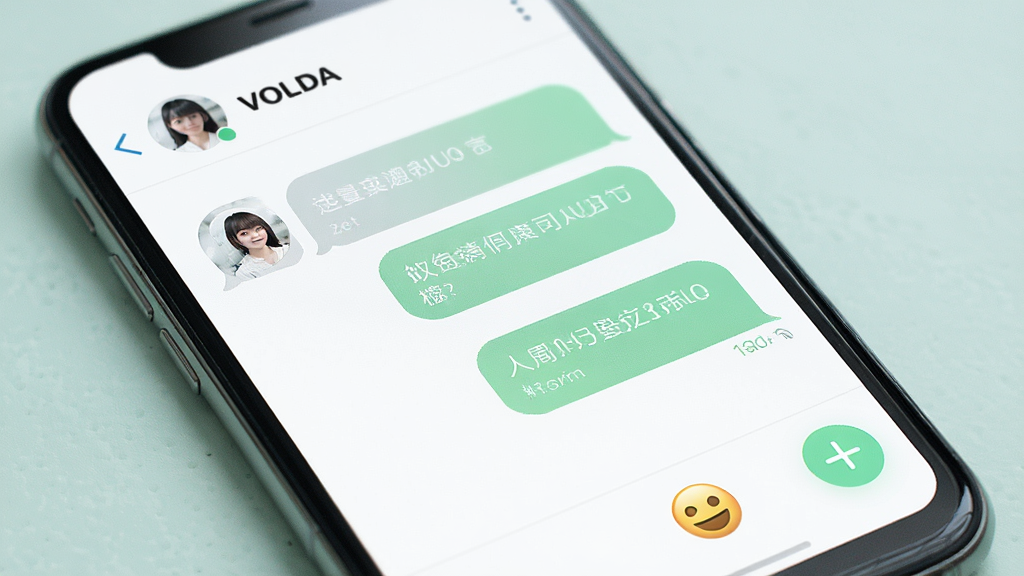 一张展示VOLDA聊天界面的图片,主体是手机屏幕显示一对一的聊天窗口,布局上方是联系人昵称,中间是左右对话气泡,下方是表情和加号按钮,排版简洁,风格清新淡雅,细节精致,画质干净,无多余元素