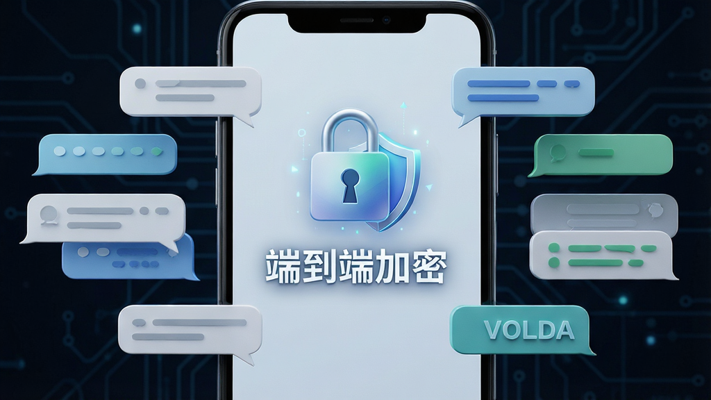 一张展示VOLDA隐私保护功能的图片,主体是手机屏幕显示一把锁和盾牌图标,布局中间是“端到端加密”文字,周围环绕着聊天气泡,排版对称,风格科技感,细节清晰,画质干净,无多余元素
