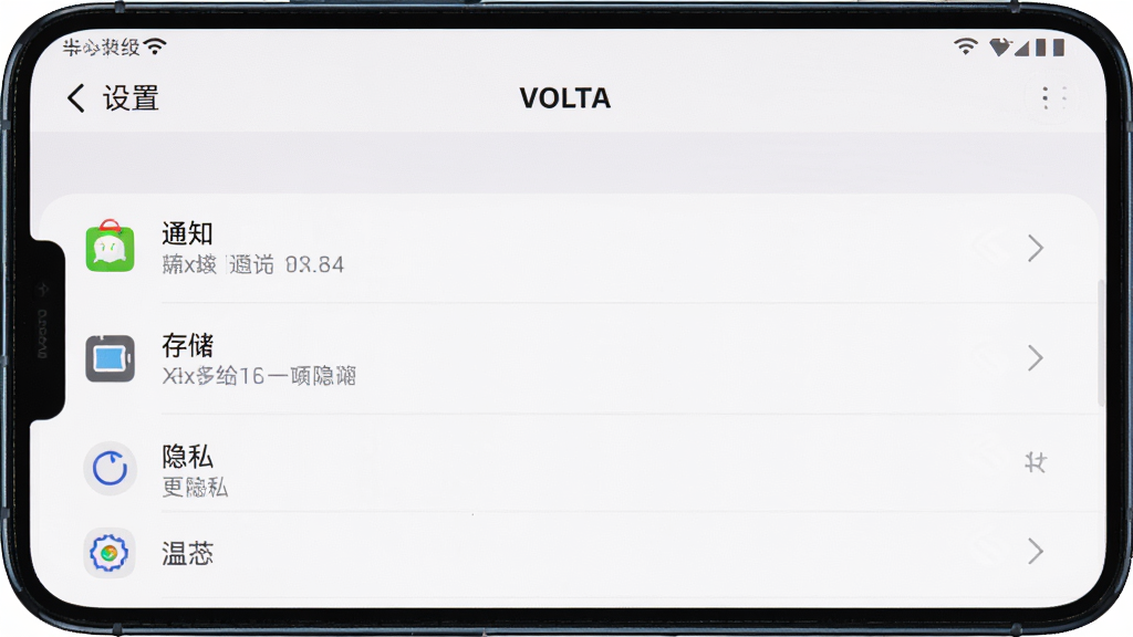 一张展示VOLDA设置界面的图片,主体是手机屏幕显示权限管理列表,布局顶部是“设置”标题,中间是通知、存储、隐私等选项,排版清晰,风格简洁,细节明确,画质干净,无多余元素