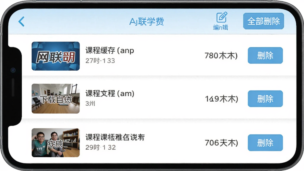 ����ѧϰApp�γ̻���������棬�ֻ���Ļ��ʾ�������б���ÿ����Ŀ����ǿγ�����ͼ���Ҳ����ļ���С��ɾ����ť�������б༭��ȫ��ɾ��ѡ������԰�ɫ��ǳ��ɫΪ�����������룬�����ʵ�ã���������