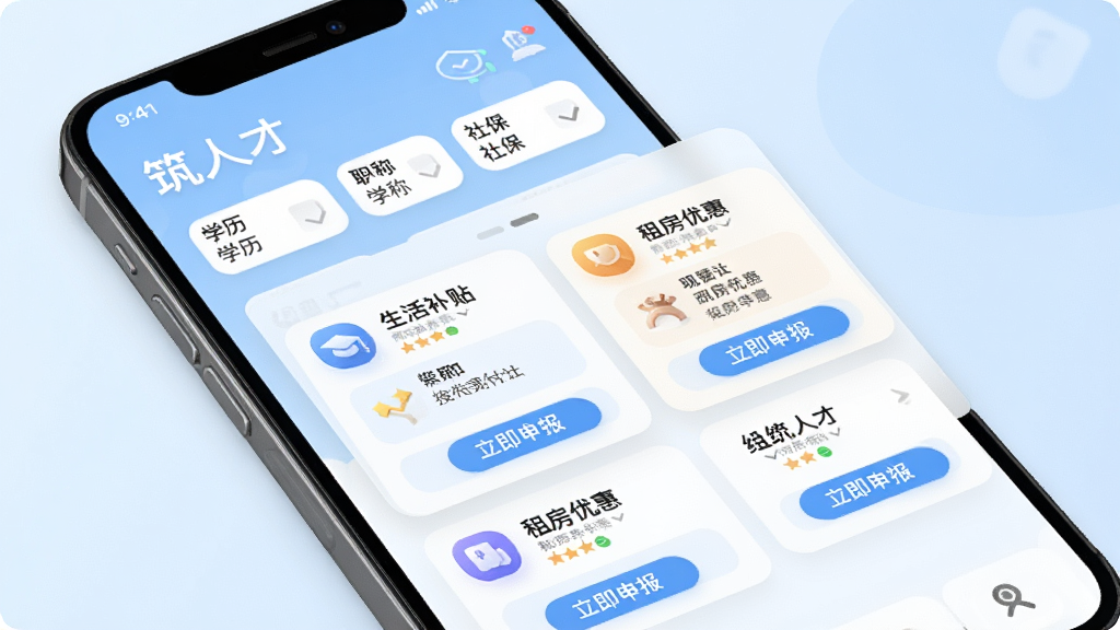 ���˲� ����ƥ�书�ܽ��棬�ֻ���Ļ��ʾ�����˲š����⣬�·���ѧ����ְ�ơ��籣��ɸѡ�����������Ļ���뵯��ƥ�����б���������������ⷿ�Żݵȿ�Ƭ��ÿ�ſ�Ƭ���С������걨����ť������Ϊǳ��ɫ���䣬ͼ�����Բ����ƣ�����������רҵ�����������ɾ�