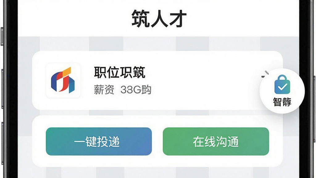 ���˲� ��ְ��Ƹ�����棬�ֻ���Ļ�Ϸ���ʾ�����˲š��������м���ְλ�б���Ƭ��������˾Logo��ְλ���ơ�н�ʷ�Χ���ײ��С�һ��Ͷ�ݡ��͡����߹�ͨ����ť���Ҳ����������Ƽ�ͼ�꣬����Ϊ��ɫ�뵭��ɫ���棬����������������������ʸɾ�������Ԫ��