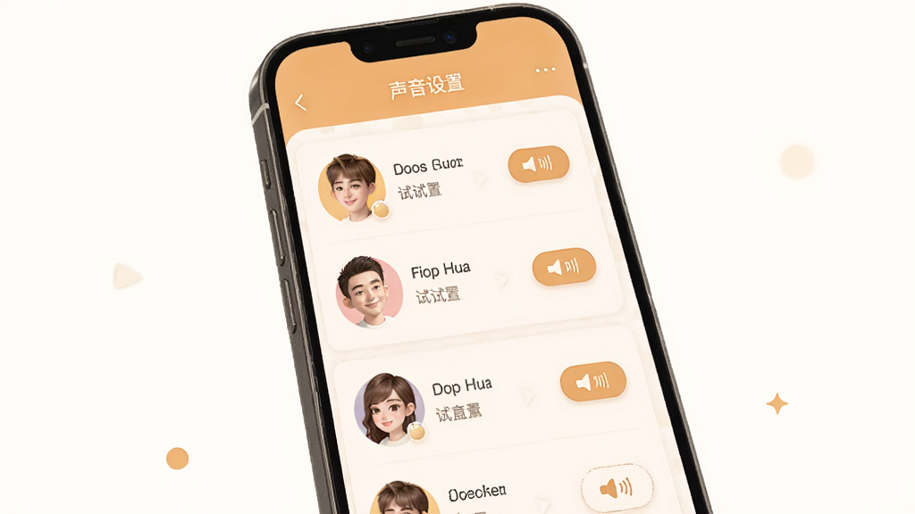 主体是麦奇说App的声音设置面板,布局为手机屏幕显示音色选项列表,排版上有不同的头像图标对应不同音色,风格是温馨的暖色调,细节上每个音色旁边有试听按钮,画质干净清晰无多余元素