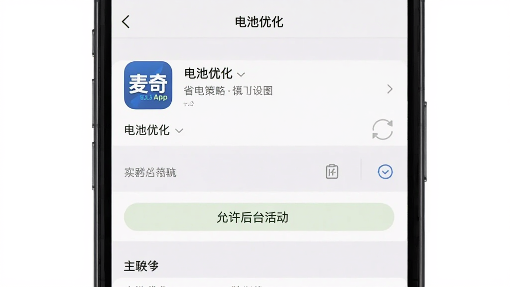 主体是麦奇说App在手机后台运行的省电策略设置界面,布局为手机屏幕截图,排版显示电池优化选项和麦奇说的图标,风格是系统设置原生风格,细节上高亮显示“允许后台活动”按钮,画质干净清晰无多余元素