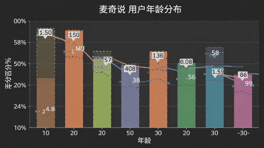 主体是麦奇说用户年龄分布柱状图,布局为图表居中,排版横轴是年龄段纵轴是百分比,风格是扁平化信息图,细节上柱子颜色各异且带有具体数值标签,画质干净清晰无多余元素