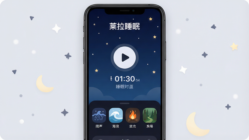����˯��App������ȫòչʾ���ֻ���Ļ���аڷţ���Ļ����ʾ����ɫҹ�ձ����������С�����˯�ߡ�����Logo���м���Բ�β��Ű�ť��˯�߼�ʱ�����·����������������ˡ�����ɭ�ֵȰ���������ͼ�꣬���岼�ּ�࣬���Ϊ��ɫϵ���߷��ϸ��Բ�󣬻��ʸɾ��޶���Ԫ��