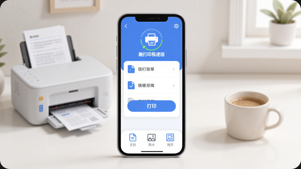 �ֻ���Ļ����չʾ��Ȥ��ӡ���ٰ�App�������棬��������ɫ�Ͱ�ɫΪ��ɫ�����Ϸ���ʾ��ӡ������״̬ͼ�꣬�м����ļ��б��ʹ�ӡ��ť���·����ĵ�����Ƭ����ҳ�������ܱ�ǩ�������Ǽ��ľӼ�����������������һ̨С�ʹ�ӡ����һ�����ȣ�����ִ���ƽ����ϸ��Բ����ͣ����ʸɾ��������޶���Ԫ��