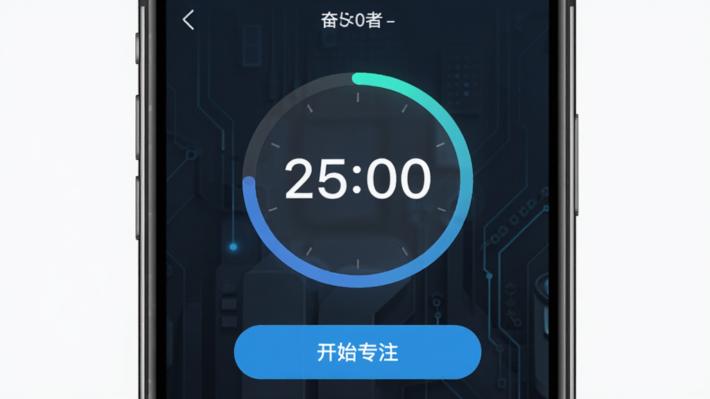 �ܶ���Appרע��ʱ���棬�������ֻ���Ļ����Ļ������һ��Բ�ε���ʱ������ʾ��25:00�����·��С���ʼרע����ť�����־��У��Ű�Գƣ���񼫼�Ƽ��У�ϸ�����������ʸɾ����޶���Ԫ�ء�