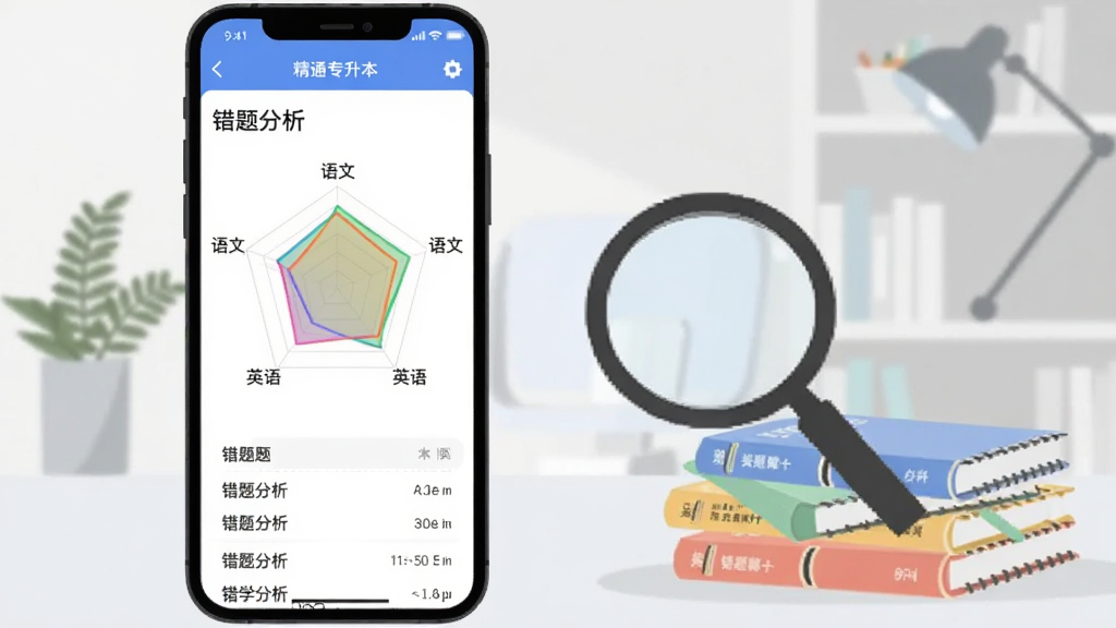 һ�š���ͨר������App�������ҳ��Ľ���ͼ���ֻ���Ļ��ʾ��һ����ɫ��֪ʶ���״�ͼ�ʹ����б����״�ͼ����������ѧӢ��ȱ�ǩ����Ļ�Ա���һ���Ŵ󾵺ͼ������Ȿ�������Ǽ�Լ���鷿����������ִ���ƽ�����ʸɾ�����