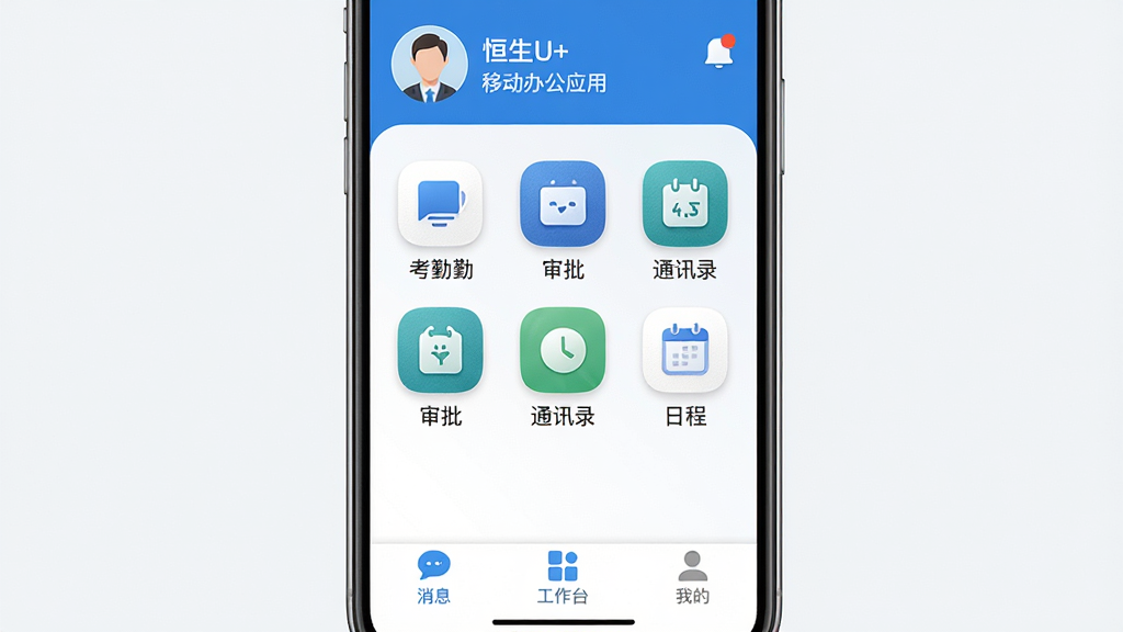 ����U+ �ƶ��칫Ӧ���������ͼ������Ϊ�ֻ���Ļչʾ�������Ƕ�����ʾ�û�ͷ�����Ϣ֪ͨ���м��ǳ���Ӧ��ͼ��Ź��񣬰������ڡ�������ͨѶ¼���ճ̣��ײ�Ϊ��Ϣ������̨���ҵ�����ѡ����Ű������������Ϊ�ִ���ƽ������������ɫ��ϸ����ͼ��Բ�����ʸУ������ɾ�������Ԫ�أ����ʸ��壬�����������޶���װ�Ρ�