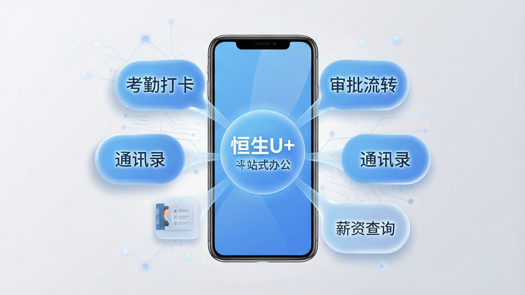 ����U+ һվʽ�칫����չʾͼ������Ϊһ�������ֻ�����������Ļ���뷢ɢ������������ݣ������ڷֱ�д�С����ڴ򿨡�����������ת������ͨѶ¼������н�ʲ�ѯ�����Ű�ʷ���״Χ���ֻ������Ϊ��ƽ���Ƽ��У�ϸ�������ݴ���΢��Ч���������Ӱ������Ϊǳ��ɫ���䣬���ʸɾ��޶���Ԫ�أ����������ɼ���