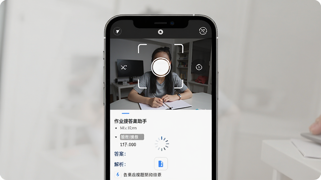 作业搜答案助手 手机界面显示拍照搜题结果页 主体为手机屏幕 布局上方是题目照片 下方是答案和解析步骤 排版清晰 风格现代简约 细节包括识别框和加载动画 画质高清 干净 无多余元素