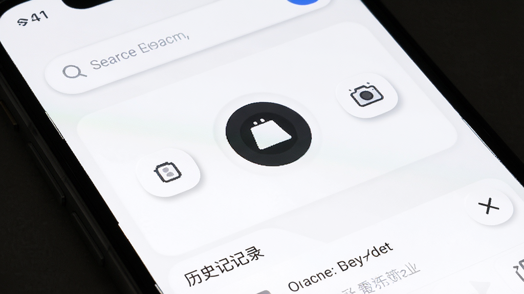作业搜答案助手 手机主界面截图 主体为手机屏幕 布局顶部是搜索框 中间是拍照按钮 底部是历史记录 排版极简 风格清爽白色调 细节包括圆角按钮和浅色阴影 画质高清 干净 无多余元素