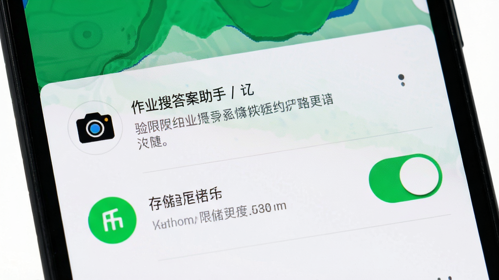 作业搜答案助手 手机设置权限界面 主体为手机屏幕 布局显示相机和存储权限开关 排版清晰 风格系统原生 细节包括权限说明文字和开关按钮 画质高清 干净 无多余元素