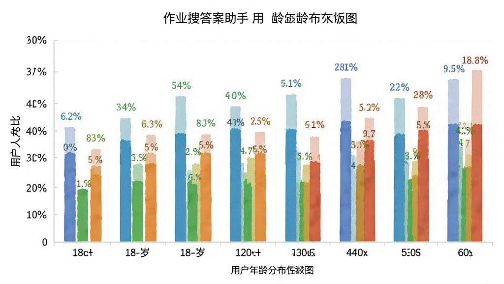 作业搜答案助手 用户年龄分布柱状图 主体为图表 布局横轴为年龄段18-60岁 纵轴为人数占比 排版清晰 风格数据可视化 细节包括不同颜色的柱子和百分比标签 画质高清 干净 无多余元素