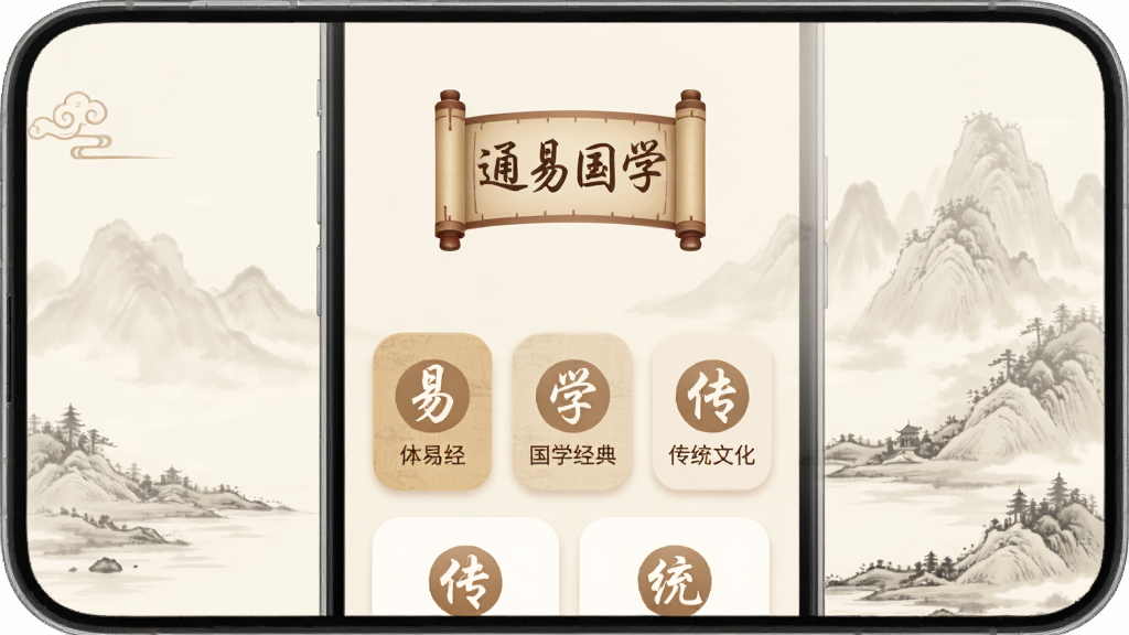 �ֻ���Ļ����չʾ��ͨ�׹�ѧ��App�����棬�Ϸ�Ϊ�ŵ��������logo���м��������׾�����ѧ���䡢��ͳ�Ļ�����Ŀ��Ƭ������Ϊ���ŵ��װ�ɫˮīɽˮͼ�������岼�ּ�����������ŷ����£�ϸ��Բ����ͣ����ʸɾ��޶���Ԫ��
