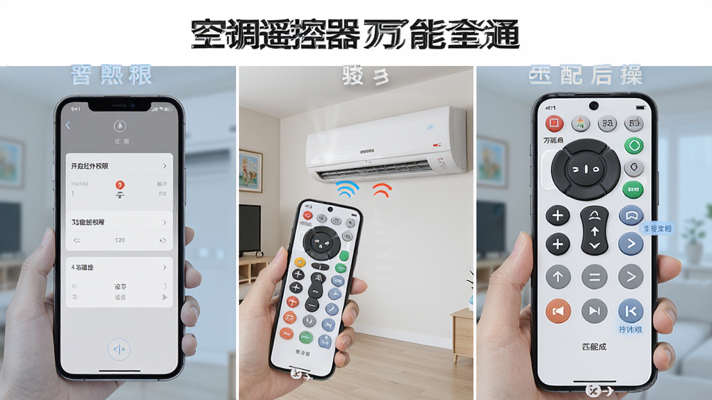 一张展示空调遥控器万能全通新手操作步骤的图片,画面分为三个区域,左侧展示手机设置中开启红外权限的界面,中间展示手机对准空调进行匹配的场景,右侧展示匹配成功后遥控面板的操作界面,整体风格为教程图解样式,配色清爽,每个区域配有简单的文字标注,画质干净清晰,图片中带有文字