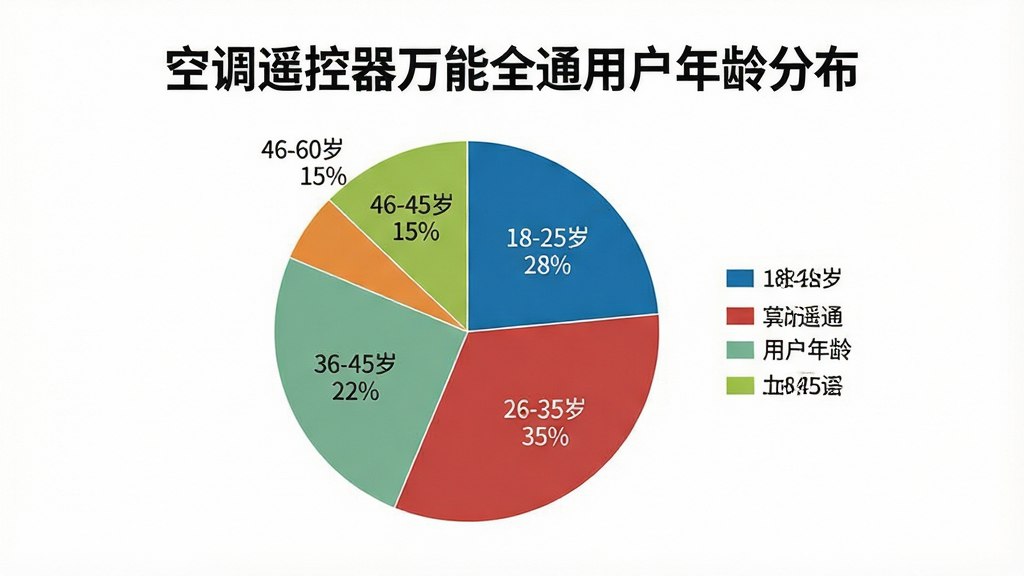 一张展示空调遥控器万能全通用户年龄分布饼状图的图片,画面中央是一个清晰的饼状图,分为四个扇区,分别标注18-25岁28%、26-35岁35%、36-45岁22%、46-60岁15%,每个扇区用不同颜色区分,饼图旁边有图例说明,背景为白色,风格简洁商务,画质干净无多余元素,图片中带有文字