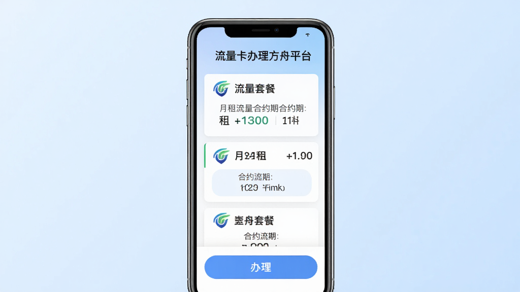 流量卡办理方舟平台核心全貌展示图,画面中央是手机屏幕显示软件主界面,界面顶部有“流量卡办理方舟平台”文字标识,中间是三大运营商流量套餐卡片列表,卡片上标注月租、流量、合约期等信息,底部有办理按钮,背景是浅蓝色渐变,风格简约现代,画质干净清晰,无多余元素,扁平化设计。