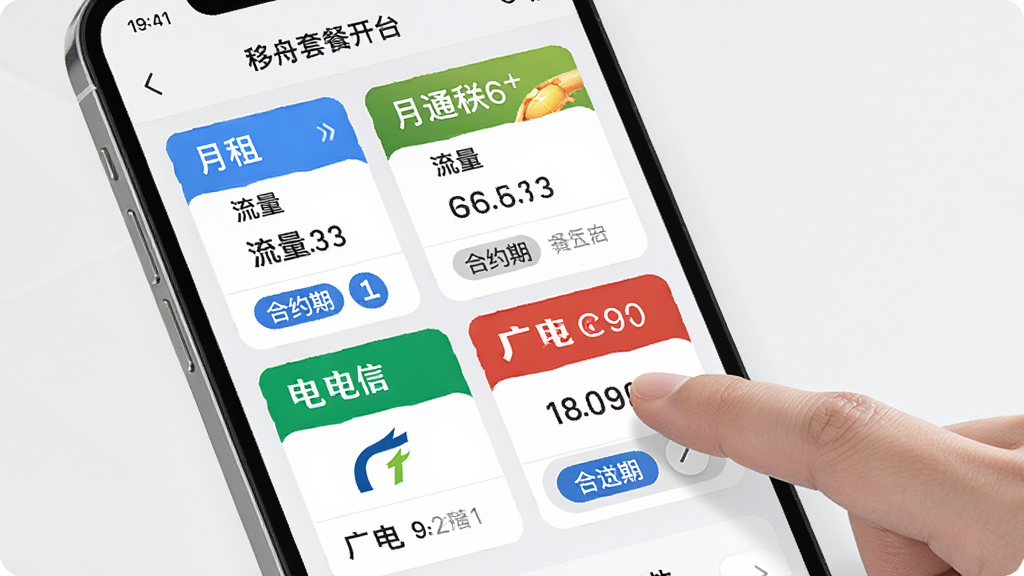 流量卡办理方舟平台套餐对比功能展示图,手机界面中显示移动、联通、电信、广电四家运营商的套餐卡片排列整齐,每张卡片上有“月租”“流量”“合约期”标签,用户手指正在点击排序按钮,背景是白色和浅灰色搭配,风格清爽,画质干净,无多余元素。