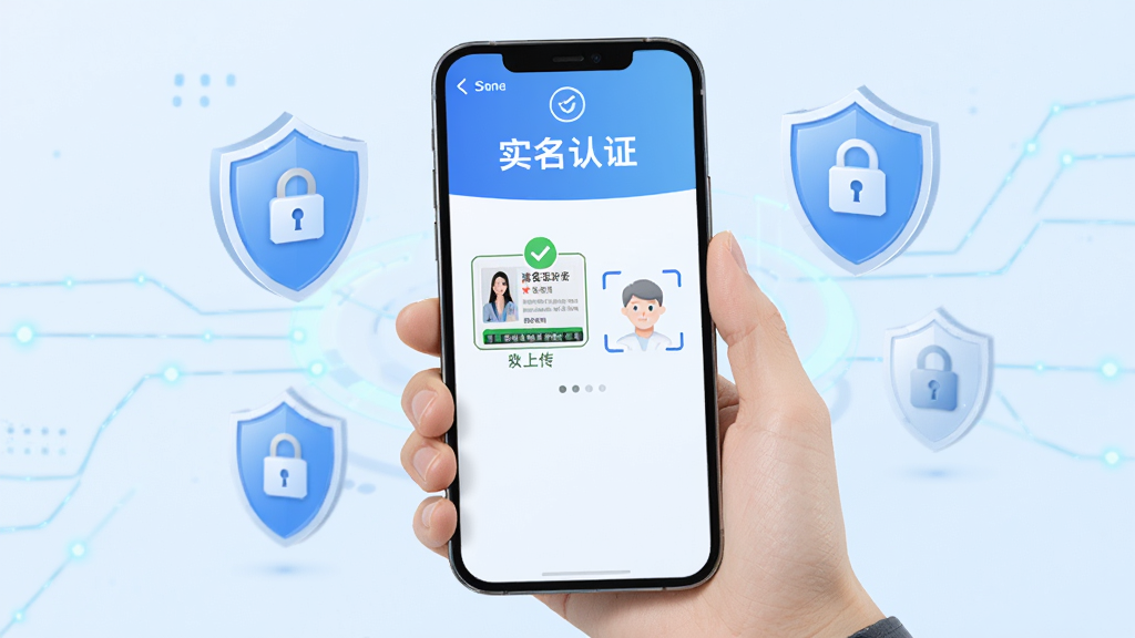 流量卡办理方舟平台安全实名认证示意图,画面中一只手拿着手机,手机屏幕上显示“实名认证”页面,有身份证上传框和人脸识别图标,周围有盾牌和锁的图标表示安全防护,背景是淡蓝色科技感线条,风格简洁,画质干净,无多余元素。