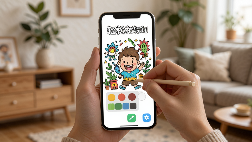 һ��չʾ��ɫӦ�ò��������ͼƬ��������һֻ�������ֻ�����ָ������Ļ�Ͻ�����ɫ��������Ļ����ʾ����ͿͿɫ��Ϳɫ���棬�е�ɫ�̺͹��߰�ť�����������ʵľӼһ�������������ܰ��Ȼ�����ʸɾ����޶���Ԫ��