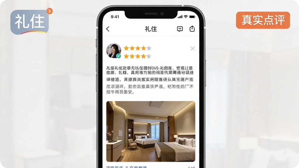 һ��չʾ��סApp�û���ʵ���۹��ܵ�ͼƬ����������Ϊ�ֻ���Ļ����ʾ��סApp�ľƵ�����ҳ�棬���û�ͷ�������Ǽ�����ϸ���������ۺ���סʵ��ͼ�����沼�����࣬�����ʵ���ţ����ʸɾ���ͼƬ�д��С���ס�������͡���ʵ�������ı�ǩ��