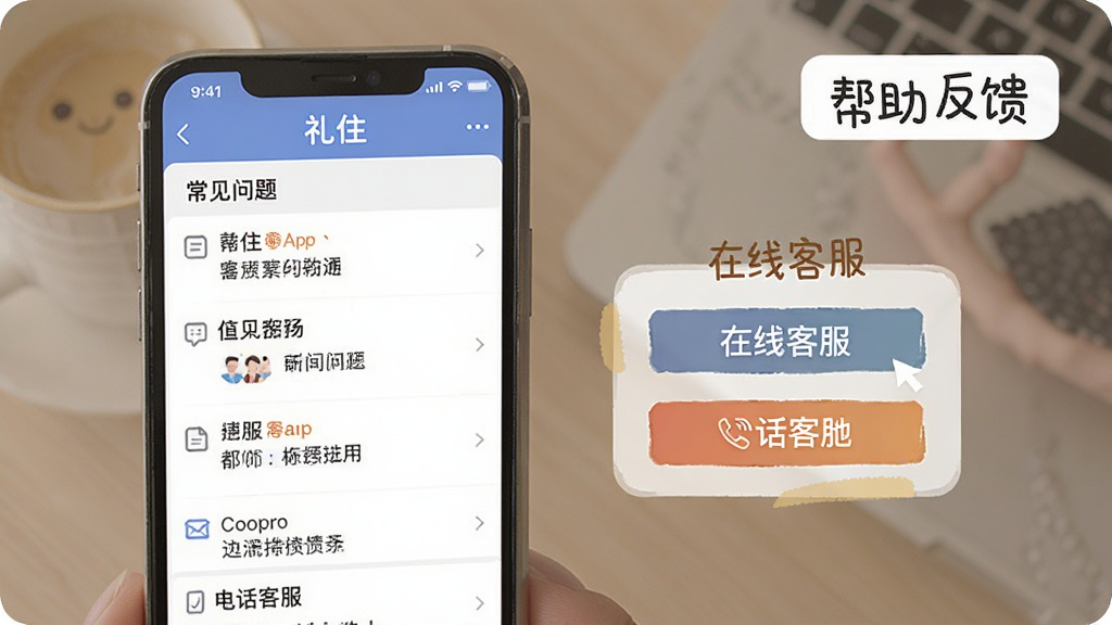 һ��չʾ��סApp�����뷴��ҳ���ͼƬ����������Ϊ�ֻ���Ļ����ʾ��סApp�Ŀͷ������ҳ�棬�г��������б������߿ͷ���ں͵绰�ͷ���ť�����������Ѻã��������������ʸɾ���ͼƬ�д��С���ס�������͡������������ı�ǩ��
