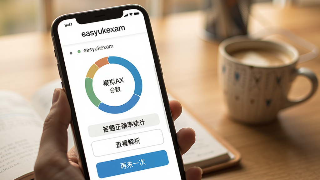 һ��չʾ easyukexam ģ�⿼�Խ��ҳ���ͼƬ���������ֻ���Ļ��ʾ��������ͼ�ʹ�����ȷ��ͳ�ƣ��·��С��鿴�������͡�����һ�Ρ���ť�������������Ϳ��ȱ����黯�����������ůѧϰ��Χ������ϸ�壬������Ԫ��
