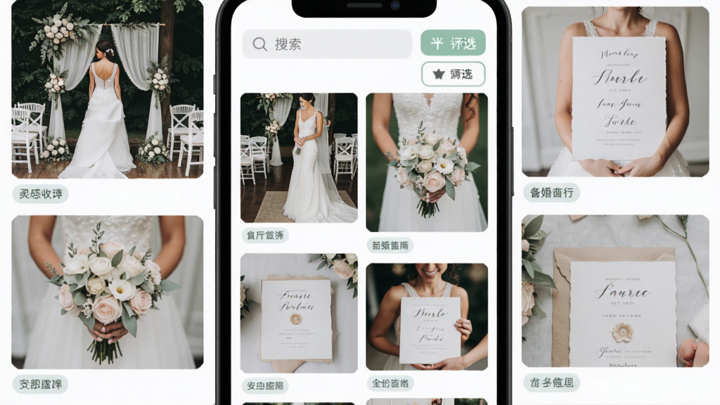 �����APP����ղؽ��棬�ֻ���Ļ��ʾ�ٲ���ͼƬǽ��ͼƬ���������á���ɴ������������ȣ�ÿ��ͼƬ�·��б�ǩ���࣬ҳ�涥�����������ɸѡ��ť������������л��壬��ɫ���£��Ű�������£����ʸɾ��޶���Ԫ��