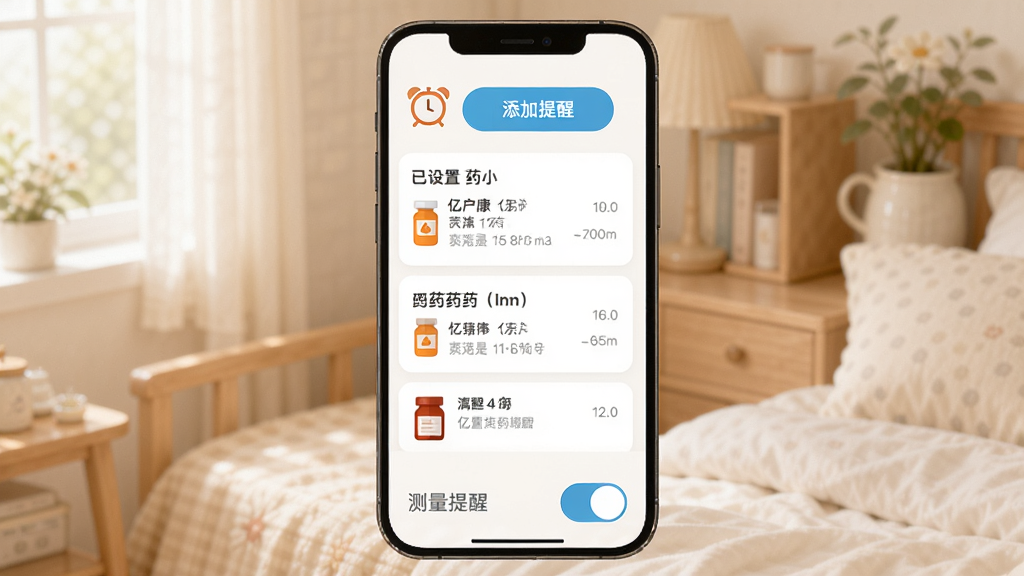 ������App��ҩ���ѽ������ͼ������Ϊ�ֻ���Ļ��ʾ����ͼ���ҩƷ�б�������Ϊ�������������Ѱ�ť���м��������õ���ҩ���ѿ�Ƭ���ײ��ǲ������ѿ��أ��Ű��࣬���Ϊ��ܰ��ͥ���ϸ����ͣ����ʸɾ����޶���Ԫ�ء�