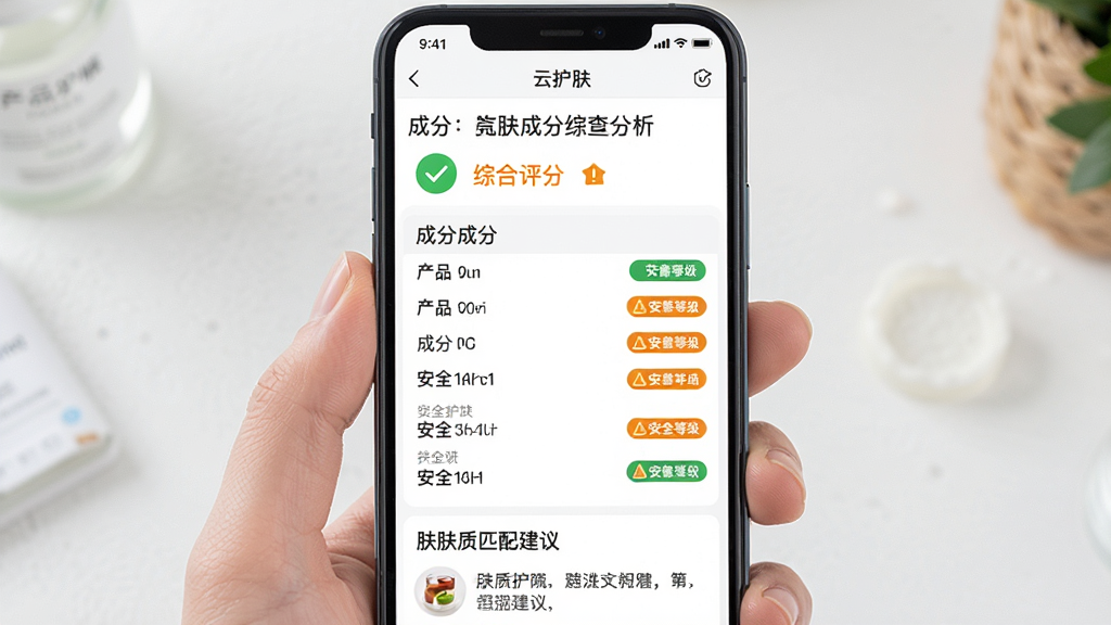 һ��չʾ�ƻ���App��Ʒ�ɷֲ�ѯ���ܵ�ͼƬ���������ֻ���Ļ��ʾ�ɷַ���ҳ�棬�����Ϸ��ǲ�Ʒ�������ۺ����֣��м��ǳɷ��б��밲ȫ�ȼ���ǩ���·��Ƿ���ƥ�佨�飬�Ű������׶������רҵ������ϸ�ڰ�����ɫ��ȫ��ʶ���ɫ��ʾ��ʶ�����ʸ���ɾ��޶���Ԫ��