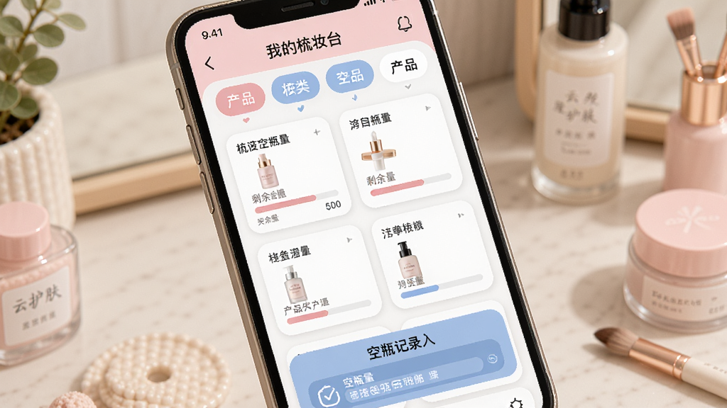 һ��չʾ�ƻ���App��ƿ������ױ̨�������ܵ�ͼƬ���������ֻ���Ļ��ʾ�ҵ���ױ̨ҳ�棬�����Ϸ��ǲ�Ʒ�����ǩ���м��ǲ�Ʒ��Ƭ�б�����ʣ�������������·��ǿ�ƿ��¼��ڣ��Ű���ˬ���򣬷����ܰ�����ϸ�ڰ���������ɫ��Բ�ǿ�Ƭ��ƣ����ʸ���ɾ��޶���Ԫ��