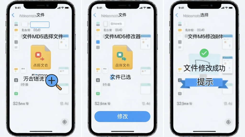 �ļ�MD5�޸�����������ʾ��ͼ�������Ϊ���񣬵�һ����ʾ����Ӻ�ѡ���ļ����ڶ�����ʾ�ļ���ѡ�в������޸İ�ť����������ʾ�޸ĳɹ���ʾ��������ǳɫ�ֻ����棬���̳�ͼ�⣬���ʸɾ����������ֱ�ע��ȷ