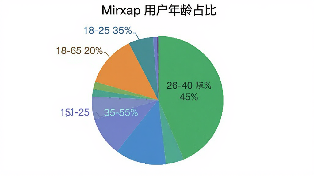 һ��չʾ Mirxap �û�����ֲ��ı�״ͼ��ͼ������Ϊ��Mirxap �û�����ռ�ȡ������� 18-25 ��ռ 35%��26-40 ��ռ 45%��40-60 ��ռ 20%����ɫ����������Լ���ݿ��ӻ������ʸɾ�