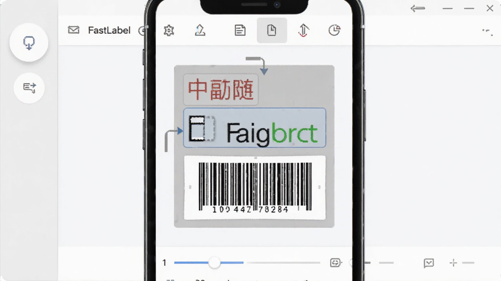 FastLabel���������ͼ���������ֻ���Ļ��ʾ��ǩ�༭ҳ�棬����Ϊ�������������м䷽�α�ǩԤ�������ײ����Ե��������Ű�����������Լ�ִ���ϸ���ϱ�ǩԤ�����п���ק�����ֿ������򣬻����������ɾ����޶���Ԫ��