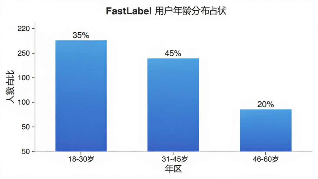 FastLabel�û�����ֲ���״ͼ����������״ͼ��������Ϊ��������������������ռ�ȣ��Ű���У�������ݿ��ӻ���ϸ����������ɫΪ��ɫ���䣬��ע��18-30��ռ��35%��31-45��ռ��45%��46-60��ռ��20%�������������ɾ����޶���Ԫ��