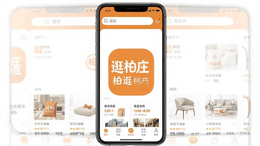 һ��չʾ���ׯAPP��������ֻ���Ļ��ͼ�����������ǹ��ׯ��Logo�͸����̼��б������������¼�࣬��ɫ��Ϊů��ɫ�Ͱ�ɫ�����沼�����������������������ײ��е����������ʸɾ����޶���Ԫ��