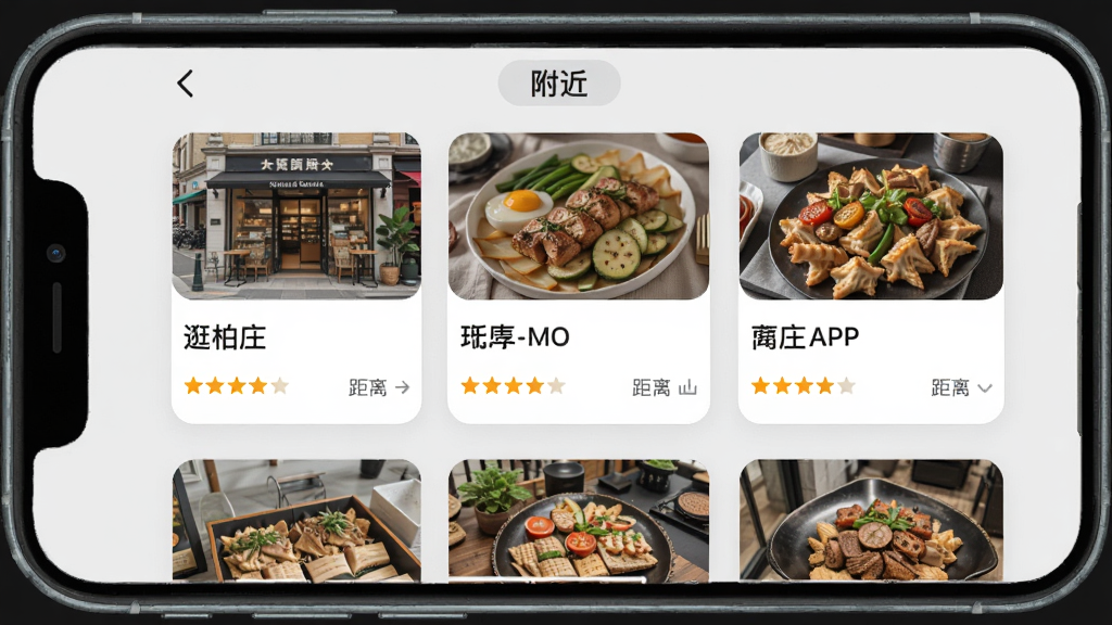 һ��չʾ���ׯAPP�����̼��Ƽ�ҳ����ֻ�����ͼ����������ʾ����̼ҿ�Ƭ��ÿ����Ƭ�е�����Ƭ�����ơ����ֺ;��룬������ǳ��ɫ�������С���������ǩ���������ִ���ƽ��ϸ��Բ�󣬻��ʸɾ�