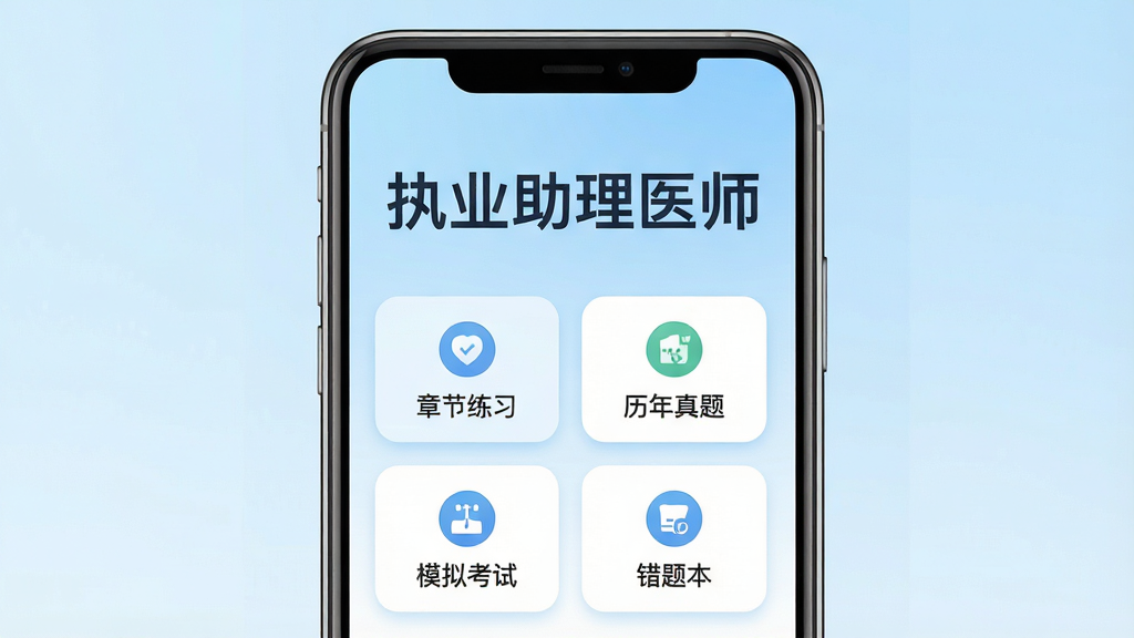 ִҵ����ҽʦApp�������ͼ��չʾ�ֻ���Ļ��������Ŀ�ġ�ִҵ����ҽʦ�����ֱ��⣬�·����½���ϰ���������⡢ģ�⿼�ԡ����Ȿ�ĸ�������ڰ�ť������Ϊ�ɾ���ǳ��ɫ���䣬�����Ű������ˣ����Ϊ�ִ���ƽ��UI��ƣ�ϸ��Բ�󣬻����������޶���Ԫ��