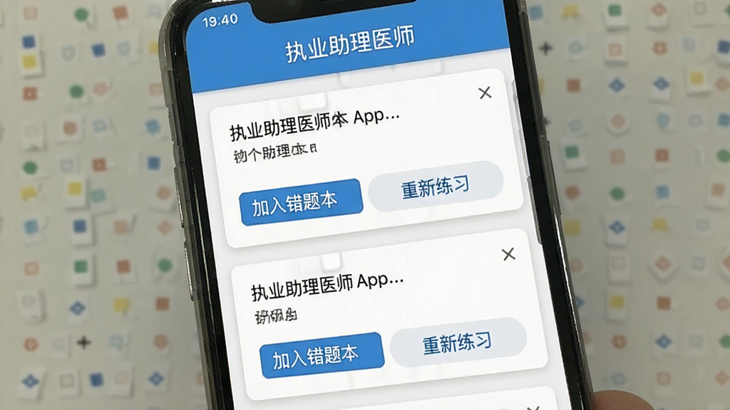 ִҵ����ҽʦApp���Ȿ�����ͼ���ֻ���Ļ��ʾ�����б���ÿ�������·��С�������Ȿ����ǩ�͡�������ϰ����ť��ҳ�涥���С�ִҵ����ҽʦ�����֣�����Ϊ��ɫ��Ƭʽ���֣���������������ʸɾ��޶���Ԫ��