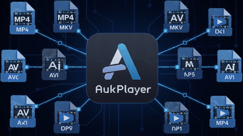 ��ͼ��ʾ�ʣ�����������AukPlayer����ͼ�꣬��Χ�����Ÿ�����Ƶ��ʽͼ����MP4 MKV AVI�ȣ�ͼ��֮���÷�����������ӣ����ֳʷ���״������ƽ���Ƽ��У�ϸ���н���оƬ��������ɫ��ɫ���������������޶���Ԫ��