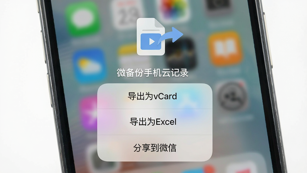 �ֻ���Ļ��ʾ��΢�����ֻ��Ƽ�¼���ĵ������棬�м䵯���˵��г�������ΪvCard��������ΪExcel����������΢�š���ѡ������ǰ�͸����ë����Ч�����Ϸ����ļ�ͼ��ͼ�ͷ����ָ�Ķ���������ƽ������ɫ��ͣ������������޶�������