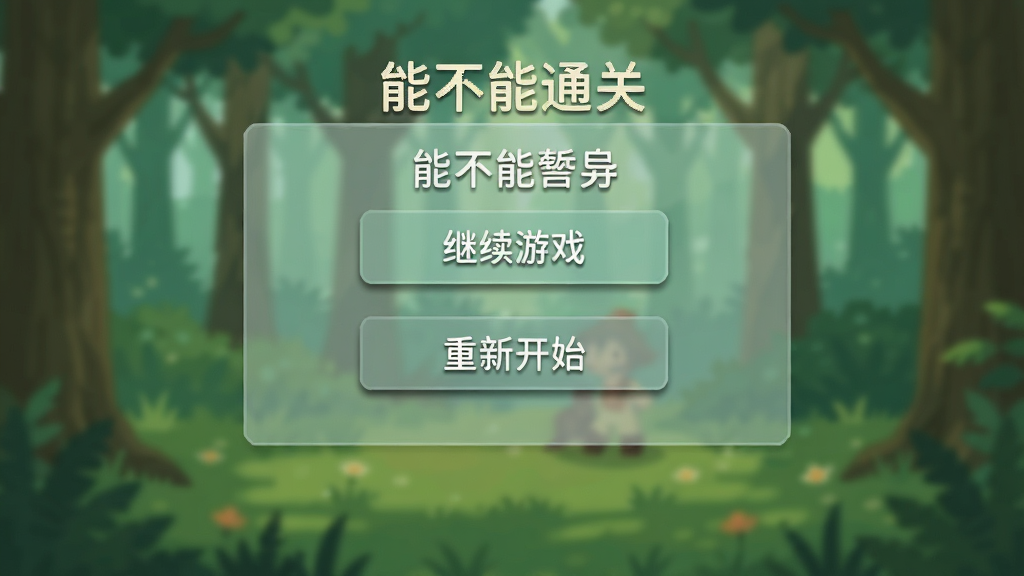 �ܲ���ͨ����Ϸ��ͣ���棬����������һ����͸���Ĳ˵���壬�����м�����Ϸ�����¿�ʼ�İ�ť��������ģ����ɭ�ֳ��������ּ�࣬�Ű���У���������±�ƽ����ϸ�ڰ�ť������΢��Ӱ�����ʸɾ����޶���Ԫ�أ������а������֡��ܲ���ͨ�ء�