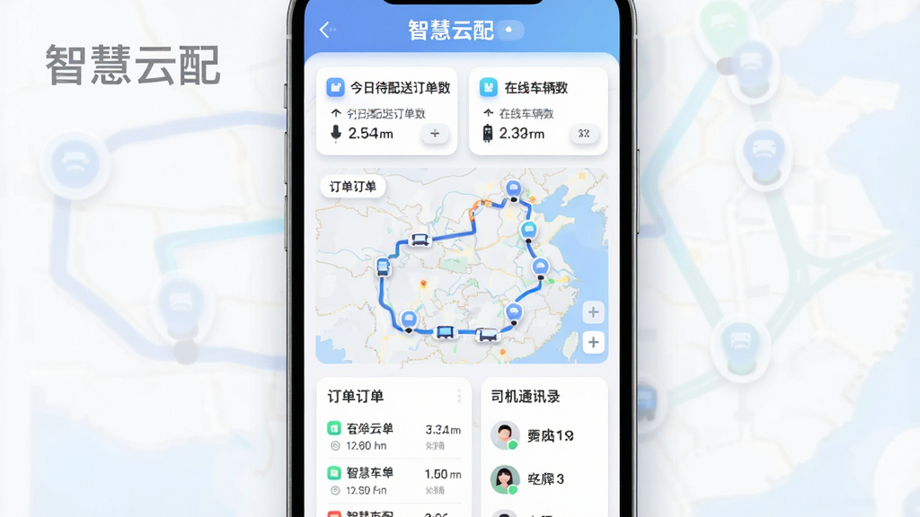 一张展示智慧云配软件核心全貌的图片,主体是手机屏幕显示车辆调度看板,布局为顶部显示今日待配送订单数和在线车辆数,中间是地图轨迹和车辆图标,底部是订单列表和司机通讯录,排版清晰明了,风格为现代扁平化科技风,细节上图标圆润、数据卡片有轻微阴影,画质干净无多余元素,画面中带有“智慧云配”文字
