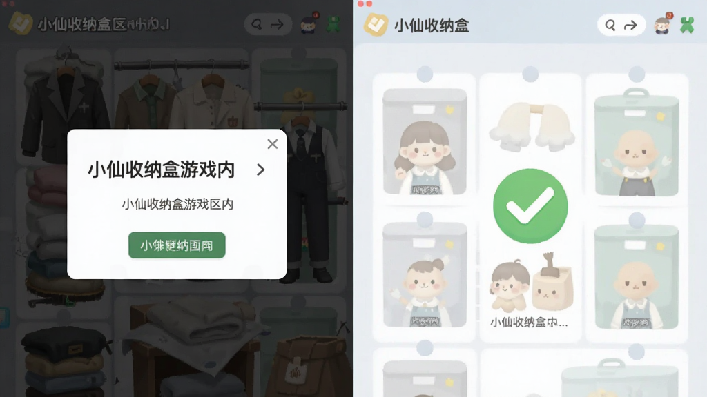 一张展示小仙收纳盒游戏内无广告弹窗的对比场景图,画面分为左右两部分,左边是昏暗杂乱的界面带有一个大大的广告弹窗,右边是明亮整洁的小仙收纳盒游戏界面,布局左右对称,排版清晰,风格是简约的信息图风格,细节上右边界面有一个绿色的对勾图标,画质干净,无多余元素